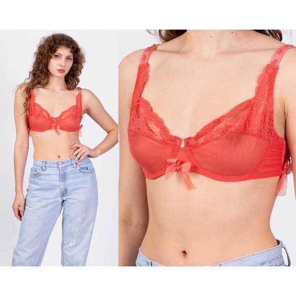 Vintage Aubade Paris Lace &‎ Mesh Bra 36C | Y2k Boho Sheer Coral French Lingerie - Picture 1 of 7